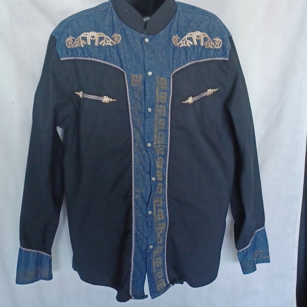 El General Unisex Black & Blue Western Pearl Snap Embellished Shirt Southwestern